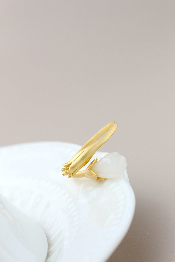 Authentic 925 Sterling Silver Rings Inlaid Natural White Jade 18K Gold Plated Petal Fashion Women Opening Adjustable Ring