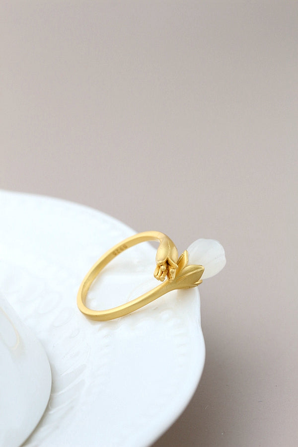 Authentic 925 Sterling Silver Rings Inlaid Natural White Jade 18K Gold Plated Petal Fashion Women Opening Adjustable Ring