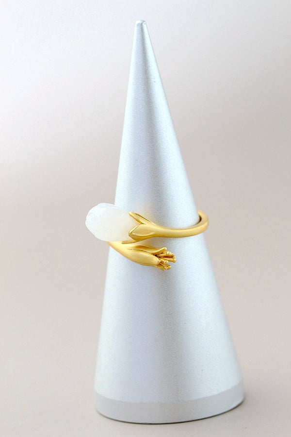 Authentic 925 Sterling Silver Rings Inlaid Natural White Jade 18K Gold Plated Petal Fashion Women Opening Adjustable Ring