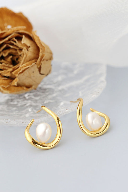 Creative Trendy U Shape 925 Sterling Silver Earstuds Inlaid Natural Baroque Pearls 18K Gold Plated Elegant Earring Jewelry Gift