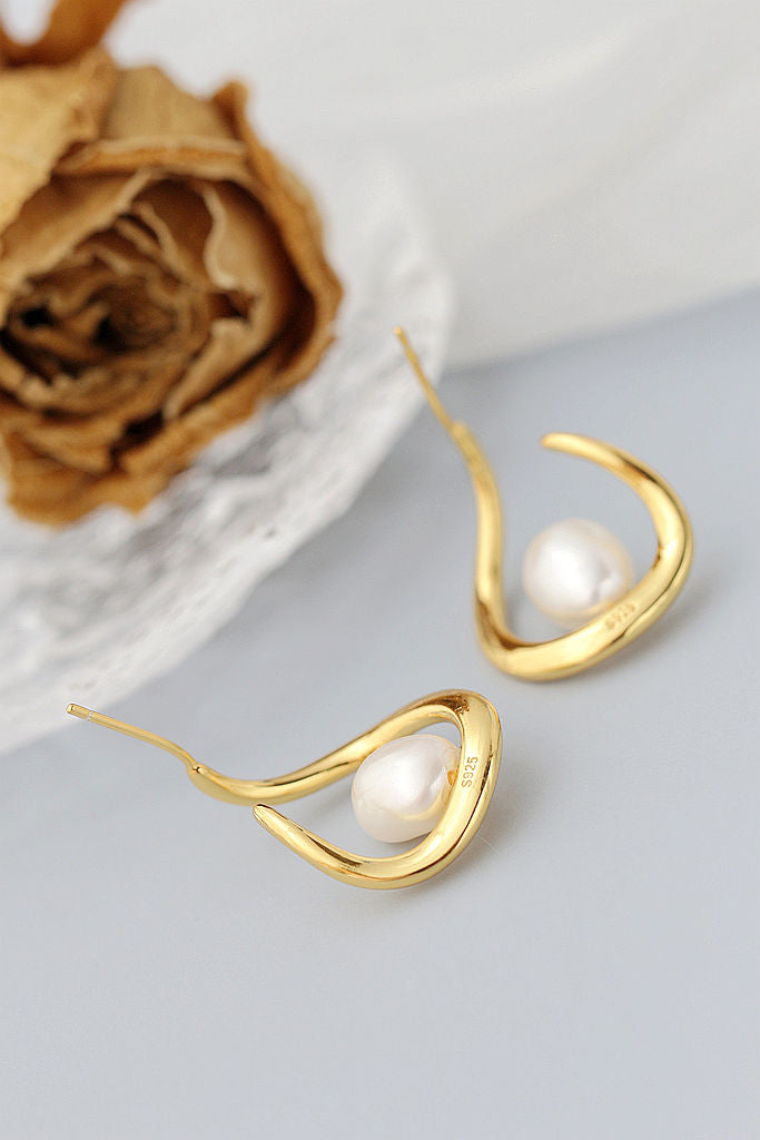 Creative Trendy U Shape 925 Sterling Silver Earstuds Inlaid Natural Baroque Pearls 18K Gold Plated Elegant Earring Jewelry Gift