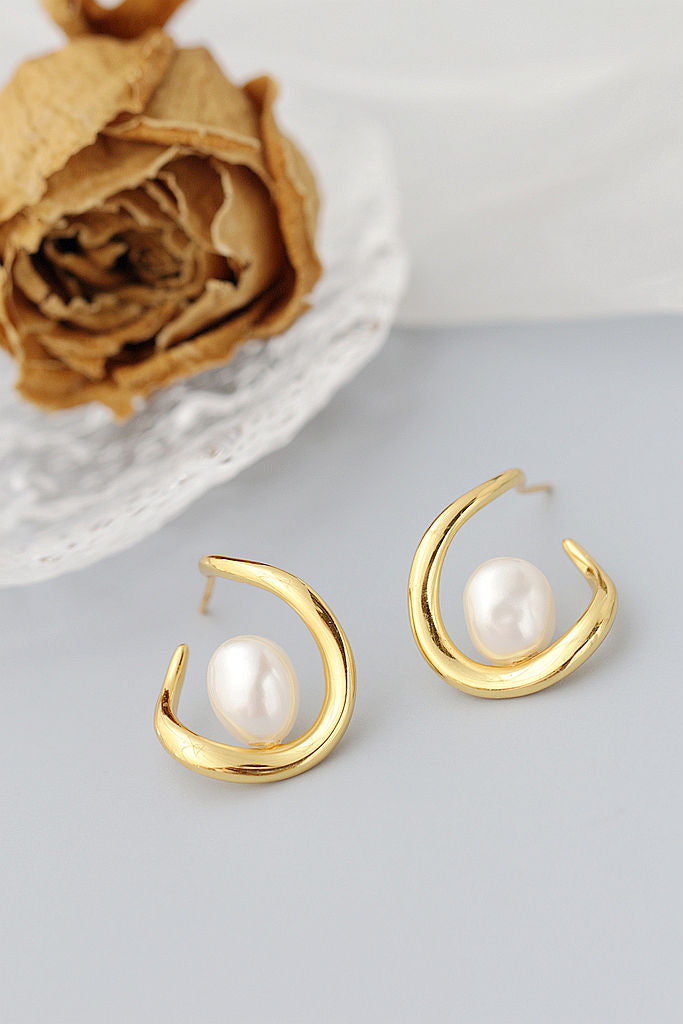 Creative Trendy U Shape 925 Sterling Silver Earstuds Inlaid Natural Baroque Pearls 18K Gold Plated Elegant Earring Jewelry Gift