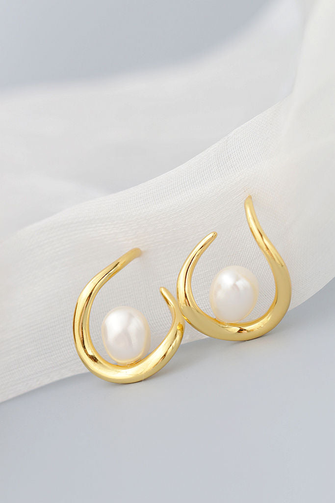 Creative Trendy U Shape 925 Sterling Silver Earstuds Inlaid Natural Baroque Pearls 18K Gold Plated Elegant Earring Jewelry Gift