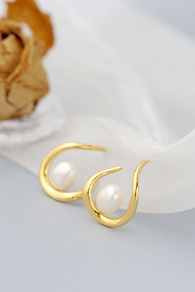 Creative Trendy U Shape 925 Sterling Silver Earstuds Inlaid Natural Baroque Pearls 18K Gold Plated Elegant Earring Jewelry Gift