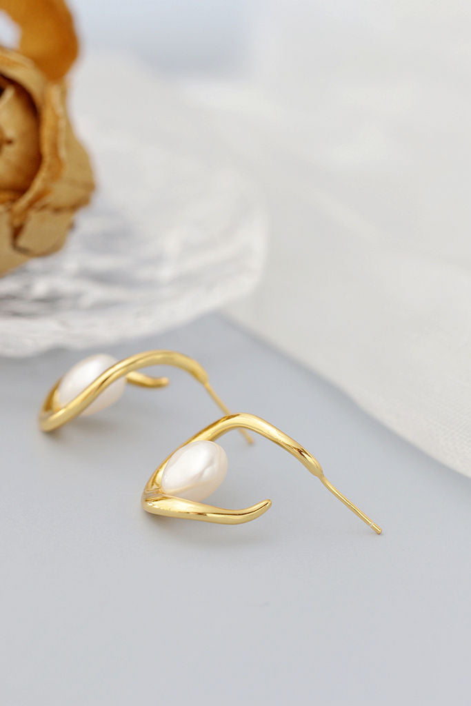 Creative Trendy U Shape 925 Sterling Silver Earstuds Inlaid Natural Baroque Pearls 18K Gold Plated Elegant Earring Jewelry Gift