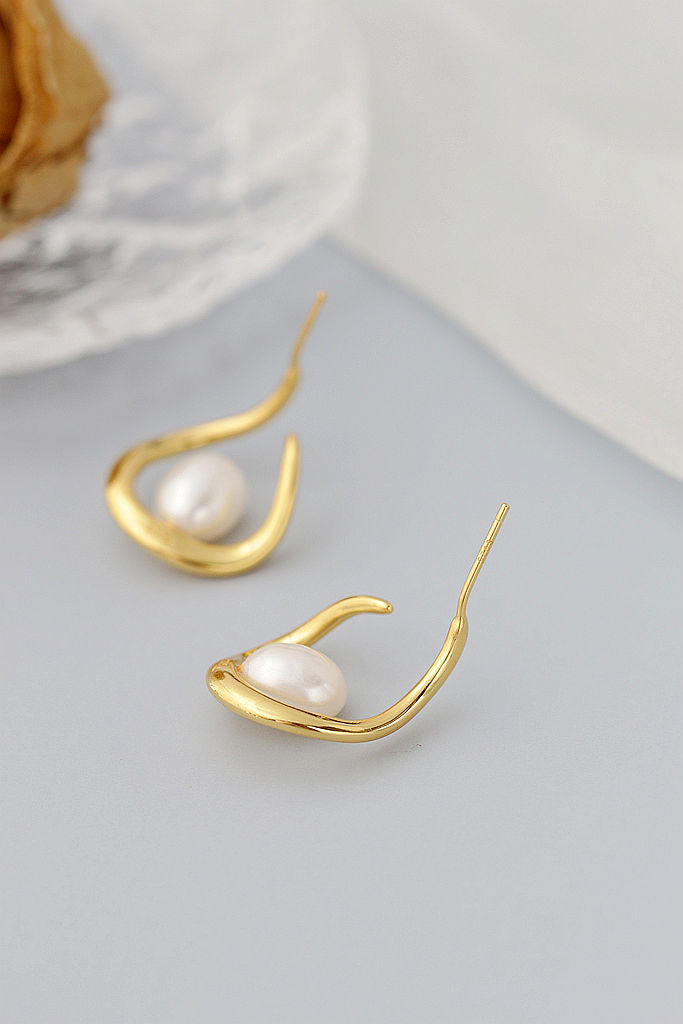 Creative Trendy U Shape 925 Sterling Silver Earstuds Inlaid Natural Baroque Pearls 18K Gold Plated Elegant Earring Jewelry Gift