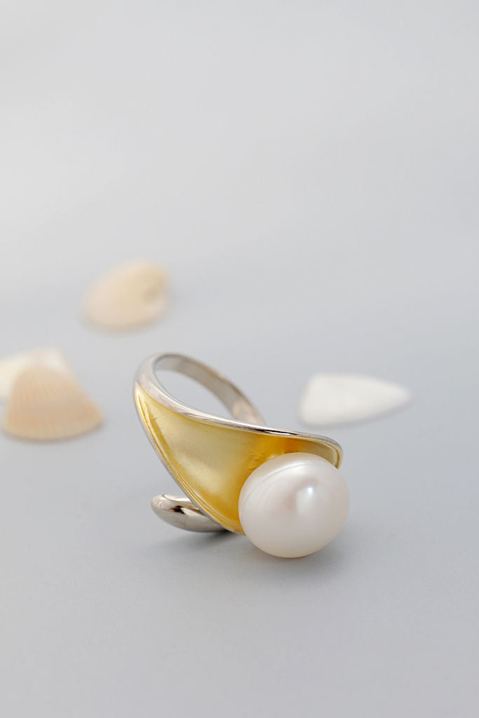 Authentic 925 Sterling Silver Ring Inlaid Natural Freshwater Pearl 18K Gold-Plated Leaf Open Rings Fashion Women Jewelry Gift
