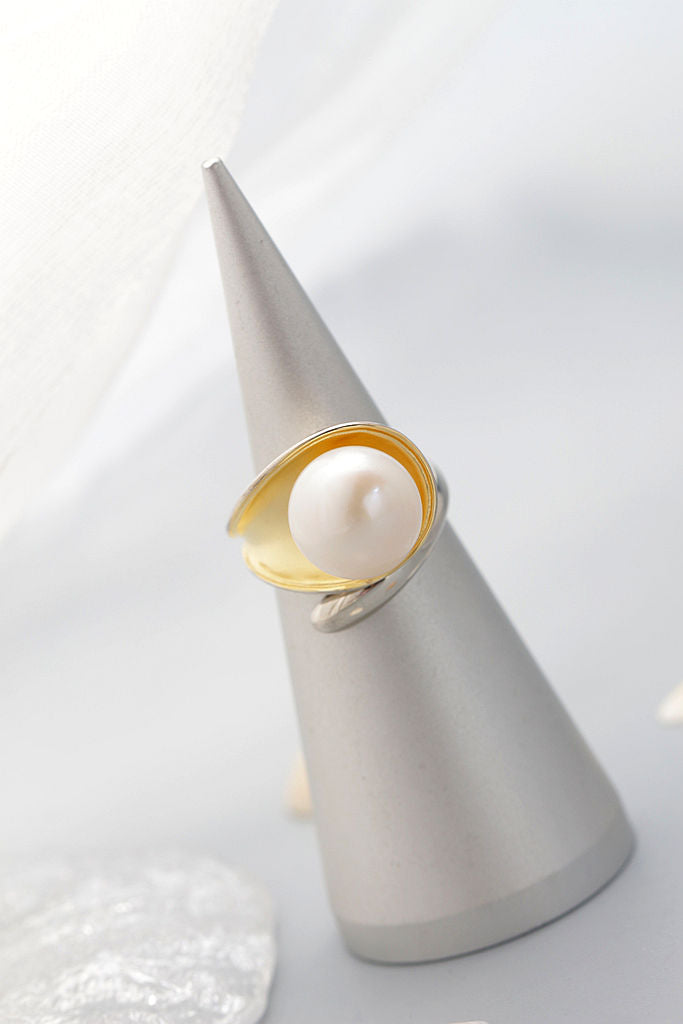 Authentic 925 Sterling Silver Ring Inlaid Natural Freshwater Pearl 18K Gold-Plated Leaf Open Rings Fashion Women Jewelry Gift