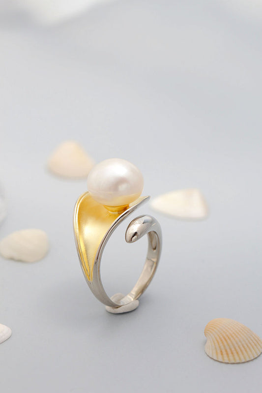 Authentic 925 Sterling Silver Ring Inlaid Natural Freshwater Pearl 18K Gold-Plated Leaf Open Rings Fashion Women Jewelry Gift