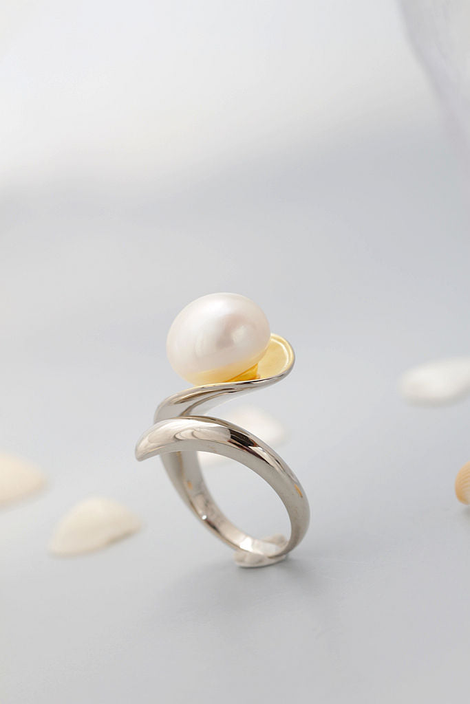 Authentic 925 Sterling Silver Ring Inlaid Natural Freshwater Pearl 18K Gold-Plated Leaf Open Rings Fashion Women Jewelry Gift