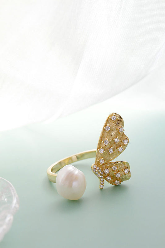 Elegant and Minimalist 18K Gold Plated Butterfly Open-Front Ring Inlaid Natural Baroque Pearl 925 Sterling Silver Rings Jewelry