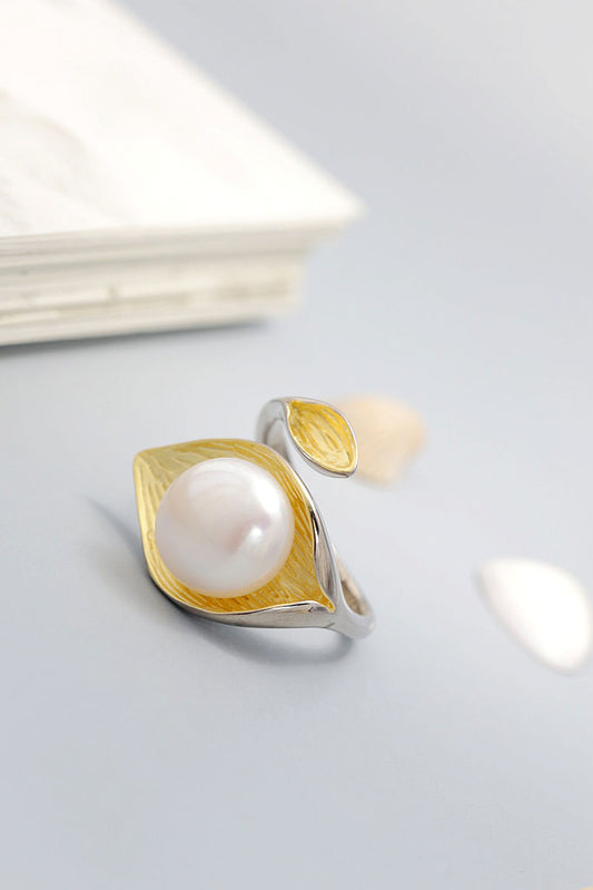 Authentic 925 Sterling Silver Ring Inlaid Natural Freshwater Pearl 18K Gold-Plated Leaf Open Rings Fashion Women Jewelry Gift