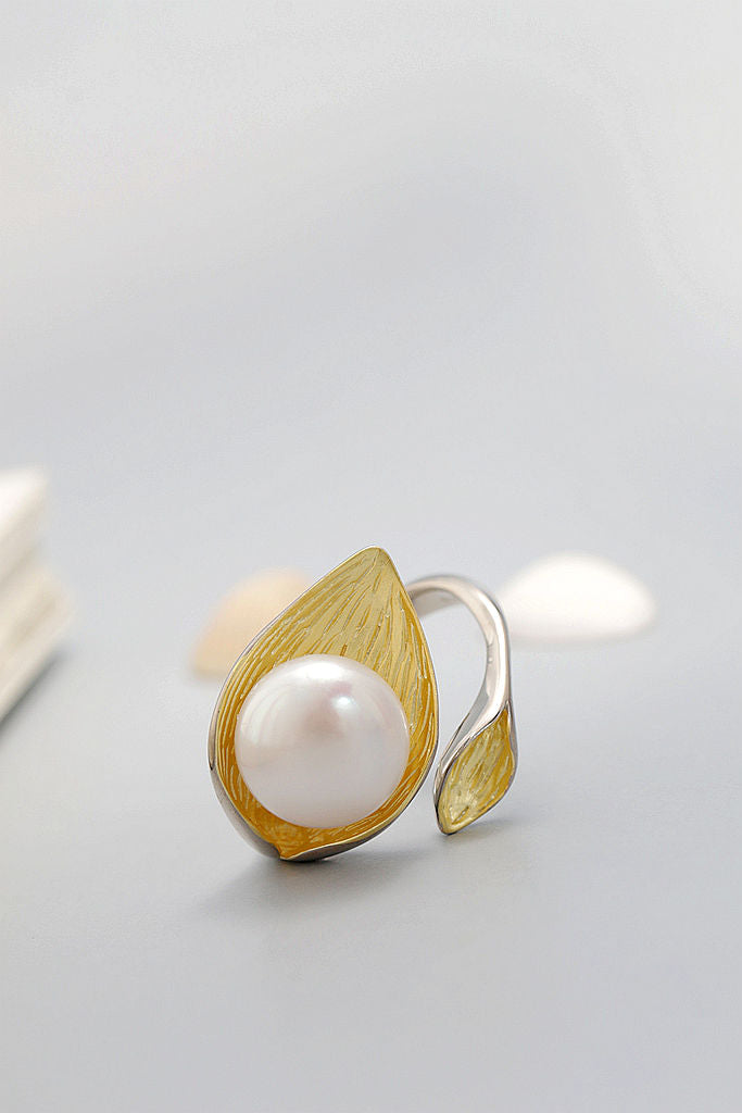 Authentic 925 Sterling Silver Ring Inlaid Natural Freshwater Pearl 18K Gold-Plated Leaf Open Rings Fashion Women Jewelry Gift