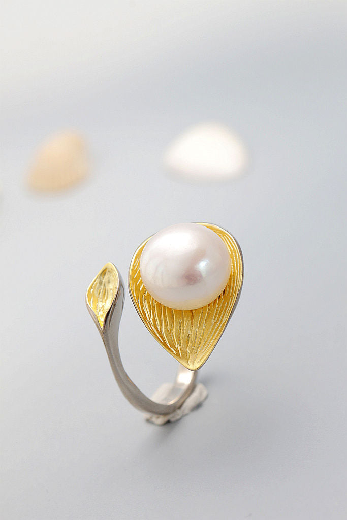 Authentic 925 Sterling Silver Ring Inlaid Natural Freshwater Pearl 18K Gold-Plated Leaf Open Rings Fashion Women Jewelry Gift