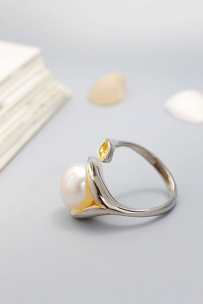 Authentic 925 Sterling Silver Ring Inlaid Natural Freshwater Pearl 18K Gold-Plated Leaf Open Rings Fashion Women Jewelry Gift