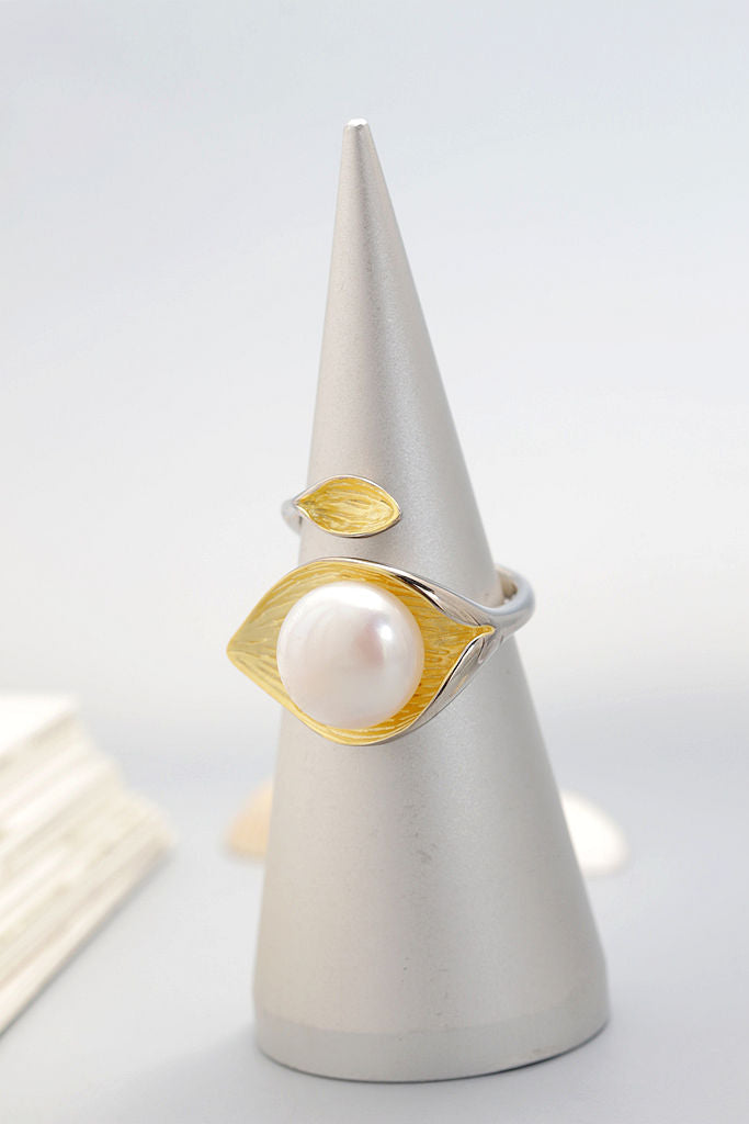 Authentic 925 Sterling Silver Ring Inlaid Natural Freshwater Pearl 18K Gold-Plated Leaf Open Rings Fashion Women Jewelry Gift