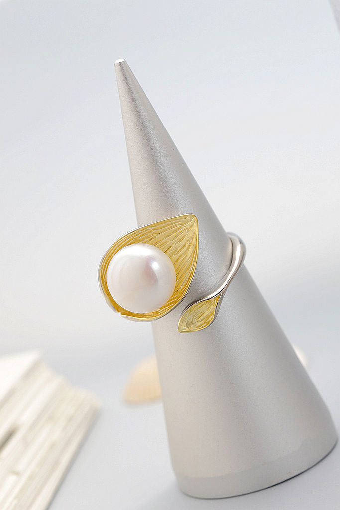 Authentic 925 Sterling Silver Ring Inlaid Natural Freshwater Pearl 18K Gold-Plated Leaf Open Rings Fashion Women Jewelry Gift