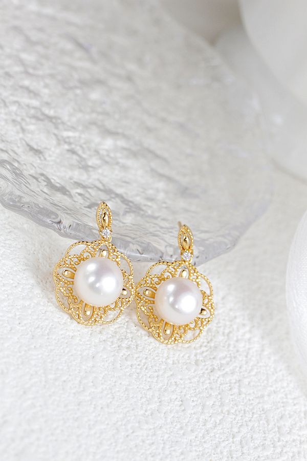 Authentic 925 Sterling Silver Earring Inlaid Natural Freshwater Pearl Hollowed Out Pattern Earring 18K Gold Plated Jewelry Gift