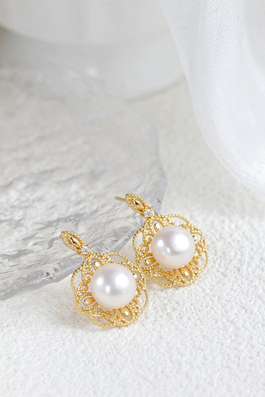 Authentic 925 Sterling Silver Earring Inlaid Natural Freshwater Pearl Hollowed Out Pattern Earring 18K Gold Plated Jewelry Gift