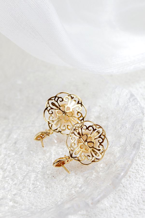 Authentic 925 Sterling Silver Earring Inlaid Natural Freshwater Pearl Hollowed Out Pattern Earring 18K Gold Plated Jewelry Gift