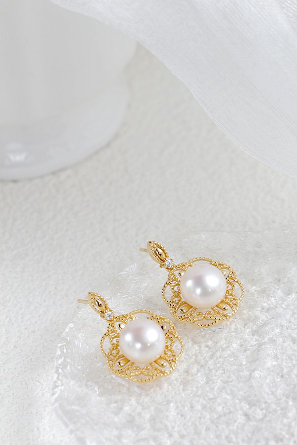 Authentic 925 Sterling Silver Earring Inlaid Natural Freshwater Pearl Hollowed Out Pattern Earring 18K Gold Plated Jewelry Gift