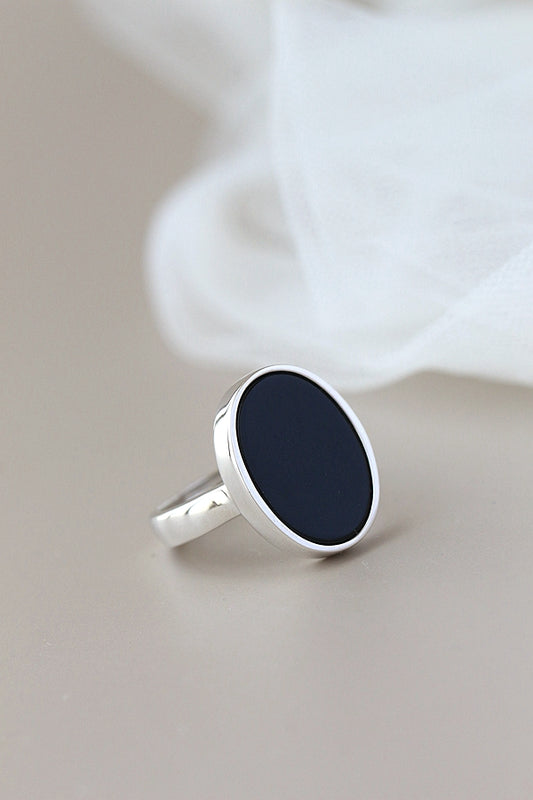 Authentic 925 Sterling Silver Ring Inlaid Natural Black Agate Oval Retro Style Rings Simplicity Creative Trendy Jewelry Gift