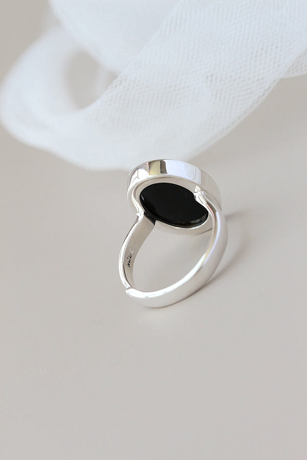 Authentic 925 Sterling Silver Ring Inlaid Natural Black Agate Oval Retro Style Rings Simplicity Creative Trendy Jewelry Gift