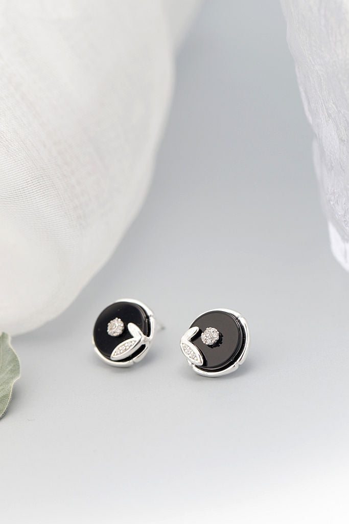 Authentic 925 Sterling Silver Earrings Inlaid Natural Black Agate Round Earring Full of Natural Charm Concise Trendy Jewelry