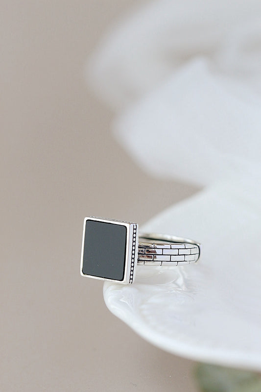 Authentic 925 Sterling Silver Ring Inlaid Natural Black Agate Square Retro Style Rings Simplicity Creative Trendy Jewelry Gift