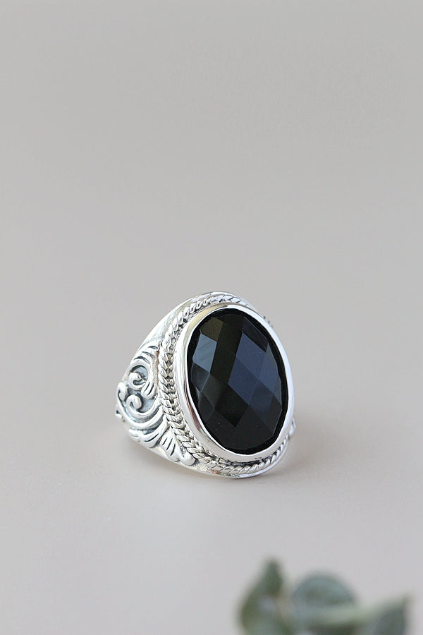 Classical Elegance Retro Patterns 925 Sterling Silver Opening Ring Inlaid Natural Black Agate Rings Delicate Trendy Jewelry Gift