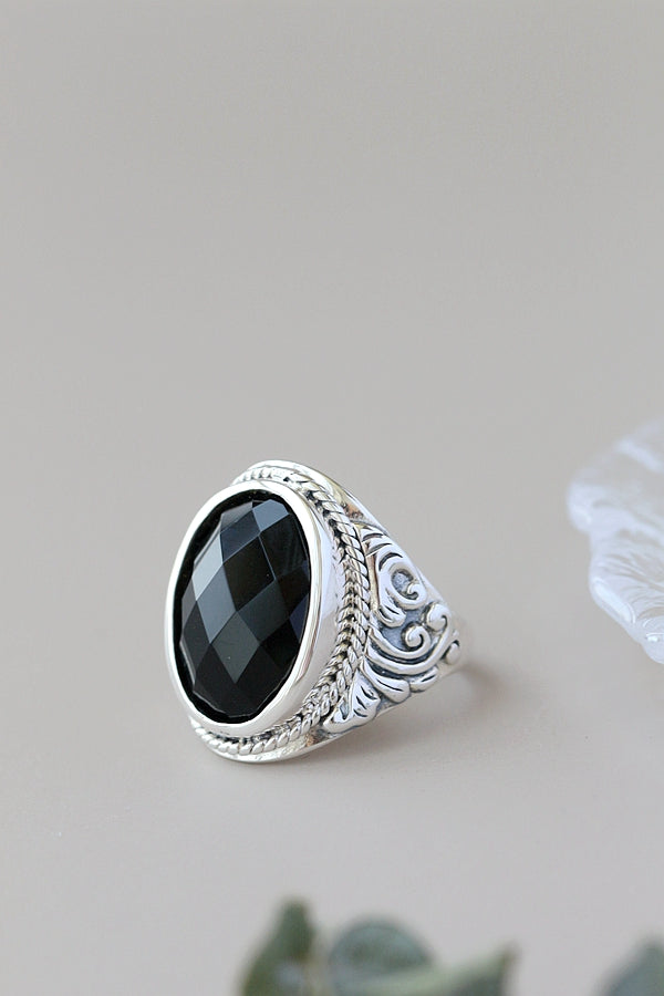 Classical Elegance Retro Patterns 925 Sterling Silver Opening Ring Inlaid Natural Black Agate Rings Delicate Trendy Jewelry Gift