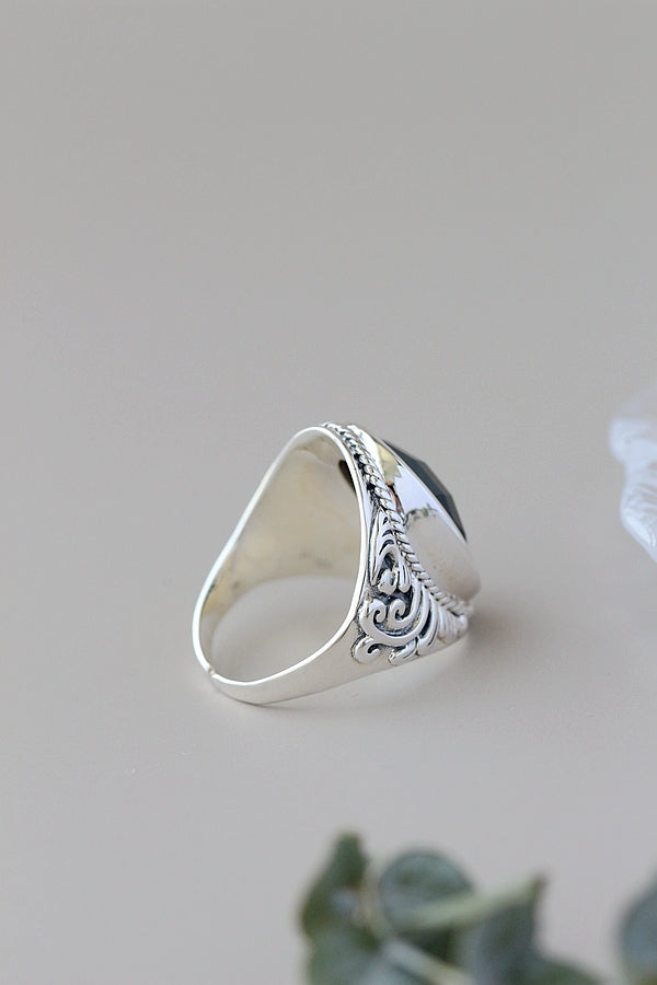 Classical Elegance Retro Patterns 925 Sterling Silver Opening Ring Inlaid Natural Black Agate Rings Delicate Trendy Jewelry Gift