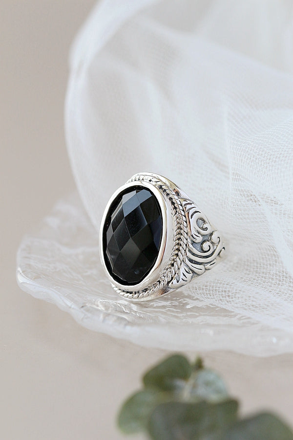 Classical Elegance Retro Patterns 925 Sterling Silver Opening Ring Inlaid Natural Black Agate Rings Delicate Trendy Jewelry Gift