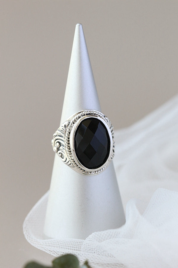 Classical Elegance Retro Patterns 925 Sterling Silver Opening Ring Inlaid Natural Black Agate Rings Delicate Trendy Jewelry Gift