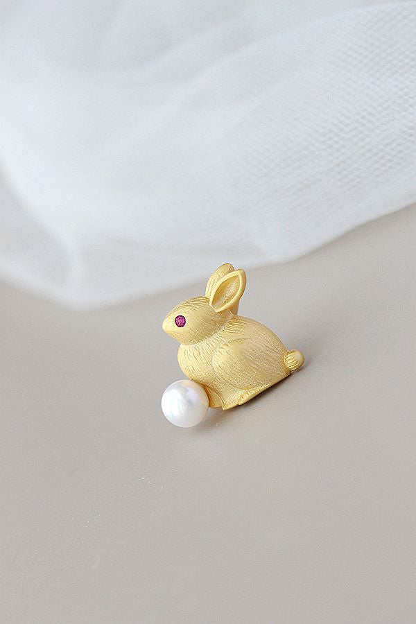 Authentic 925 Sterling Silver Brooch 18K Gold Plated Little Rabbit Inlaid Natural Freshwater Pearl Trendy High Quality Jewelry