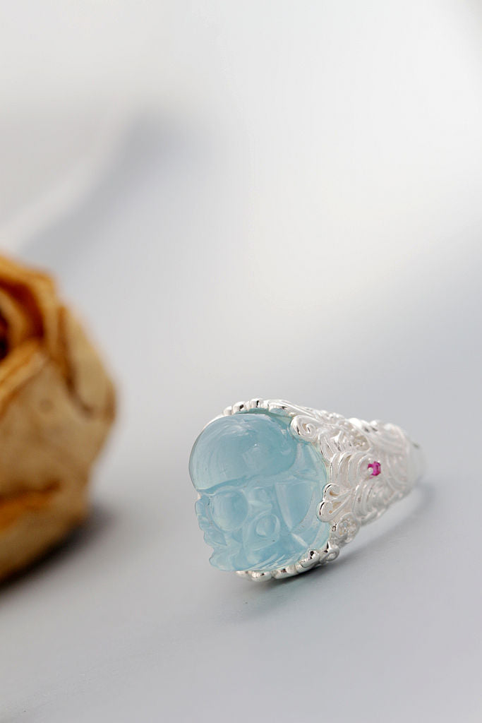 Authentic 925 Sterling Silver Retro Style Ring Inlaid Natural Aquamarine Carved Into The Image of Pi Xiu From Chinese Mythology