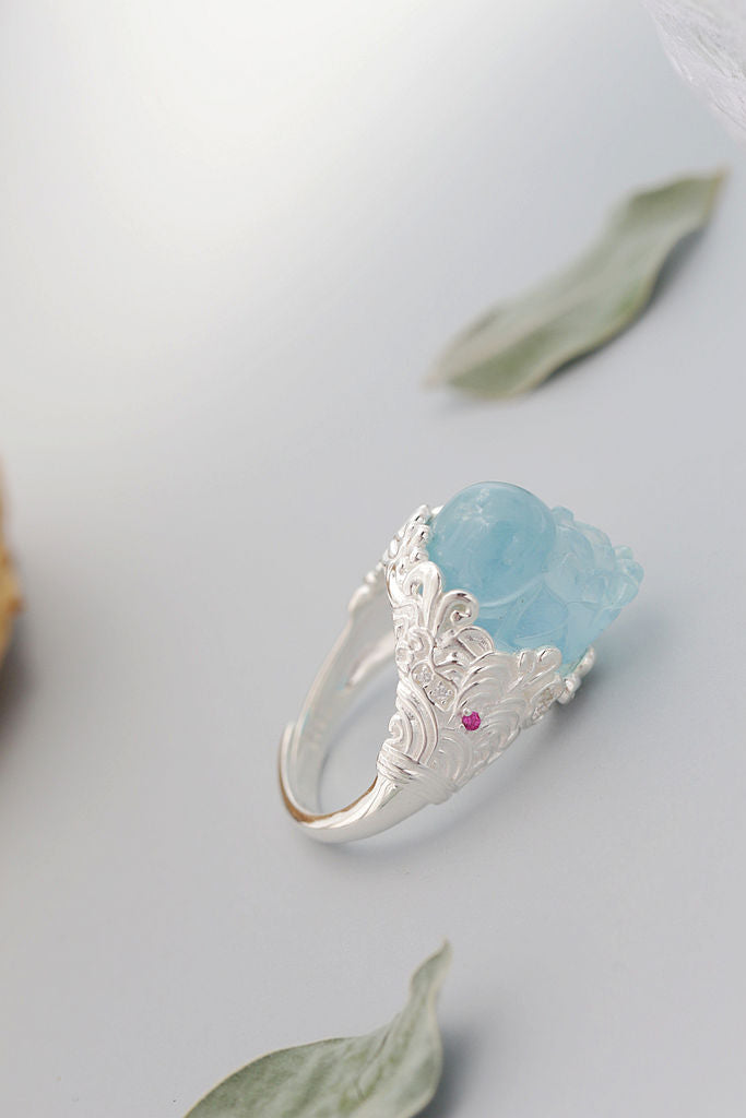 Authentic 925 Sterling Silver Retro Style Ring Inlaid Natural Aquamarine Carved Into The Image of Pi Xiu From Chinese Mythology