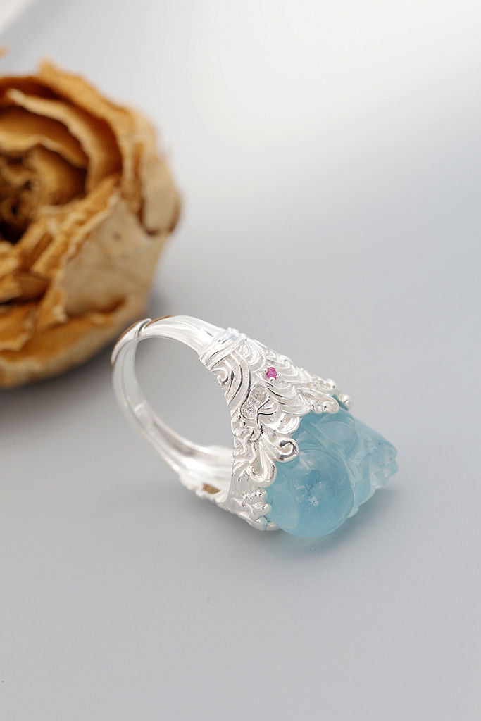 Authentic 925 Sterling Silver Retro Style Ring Inlaid Natural Aquamarine Carved Into The Image of Pi Xiu From Chinese Mythology