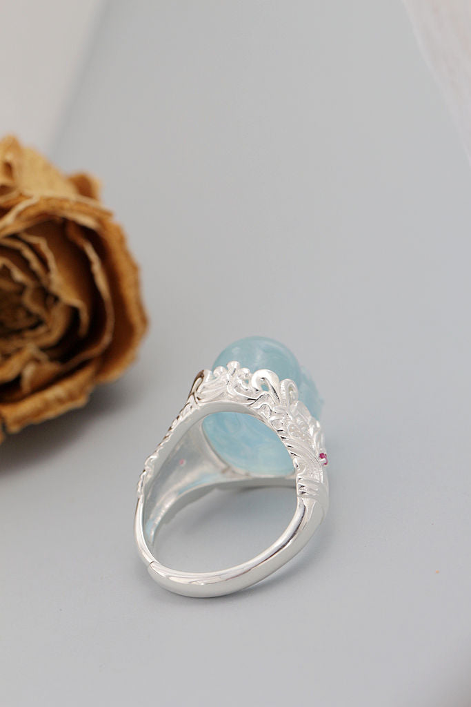 Authentic 925 Sterling Silver Retro Style Ring Inlaid Natural Aquamarine Carved Into The Image of Pi Xiu From Chinese Mythology