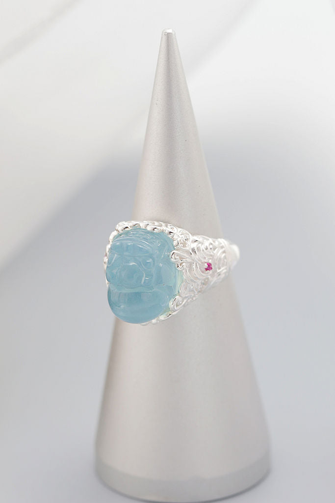 Authentic 925 Sterling Silver Retro Style Ring Inlaid Natural Aquamarine Carved Into The Image of Pi Xiu From Chinese Mythology