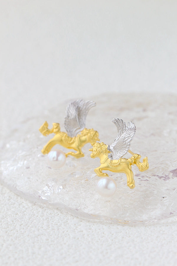 Authentic 925 Sterling Silver Earring Inlaid Natural Freshwater Pearl Fashion 18K Gold Plated Unicorn Earring Female Jewelry