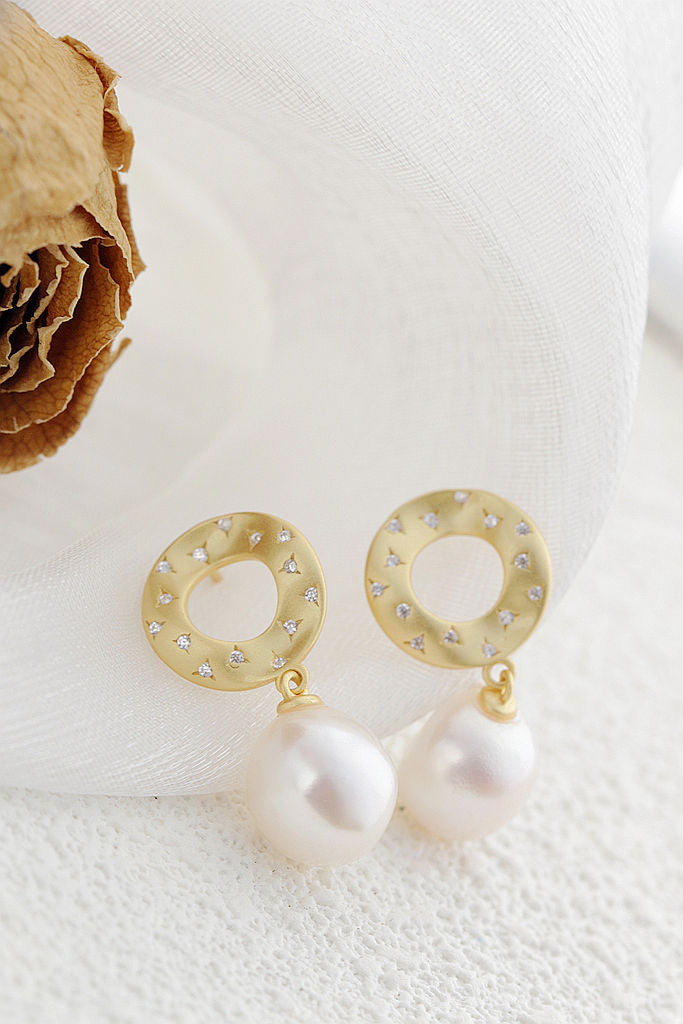 Geometry Creative Trendy 18K Gold Plated Earring Inlaid Natural Baroque Pearl Women 925 Sterling Silver Earrings Jewelry Gift