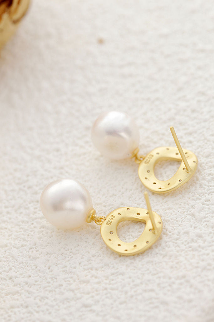 Geometry Creative Trendy 18K Gold Plated Earring Inlaid Natural Baroque Pearl Women 925 Sterling Silver Earrings Jewelry Gift