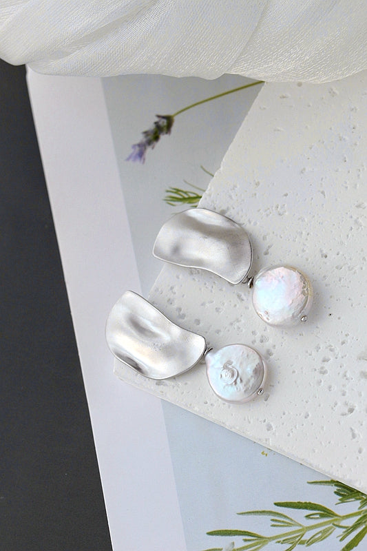 Inlaid Natural Baroque Freshwater Pearl Earring Trendy Creative Irregular Semi Circular Design 925 Sterling Silver Earring Gift