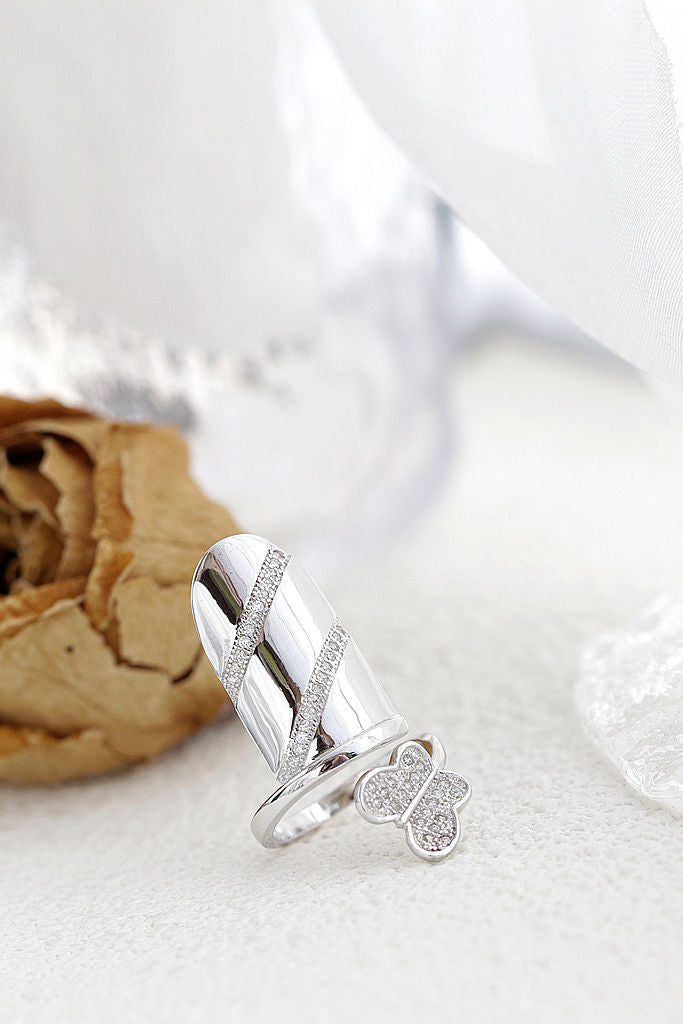 Authentic S925 Sterling Silver Nail Ring Sparkling CZ Butterfly Open Armour Ring Daily Wear Gift for Her