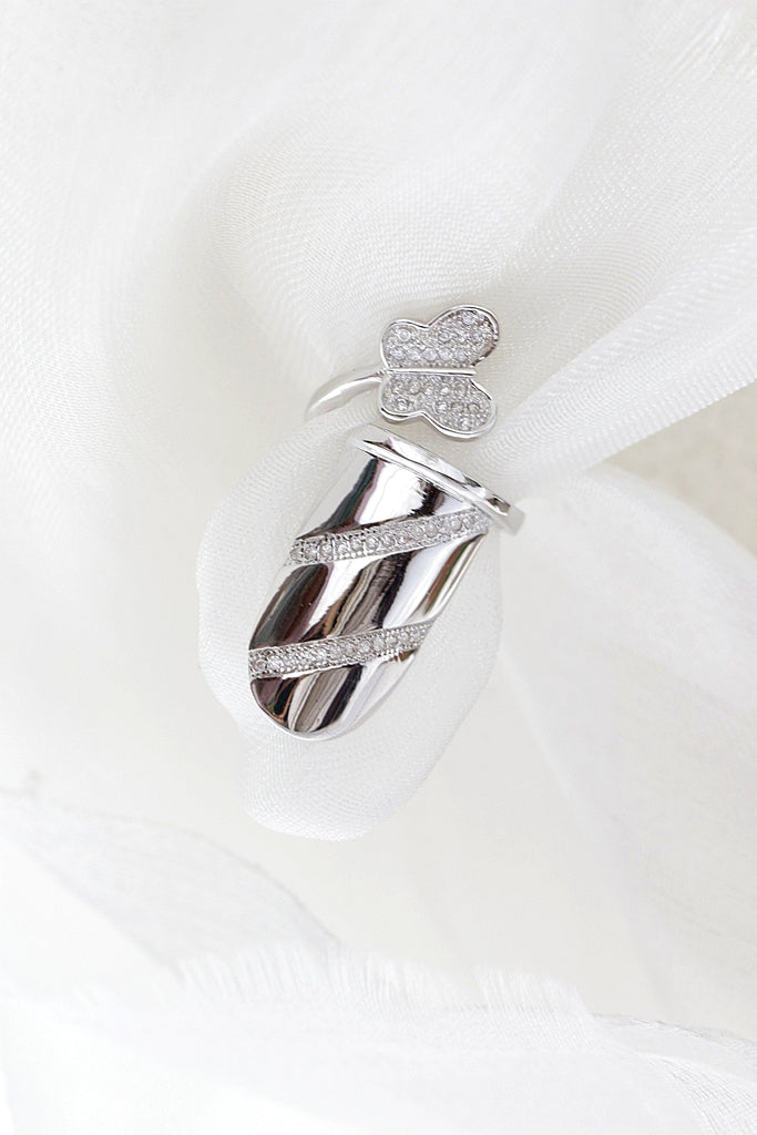 Authentic S925 Sterling Silver Nail Ring Sparkling CZ Butterfly Open Armour Ring Daily Wear Gift for Her