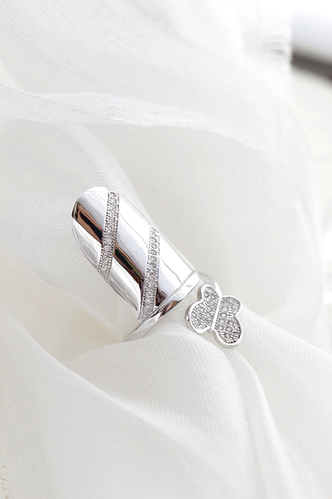 Authentic S925 Sterling Silver Nail Ring Sparkling CZ Butterfly Open Armour Ring Daily Wear Gift for Her