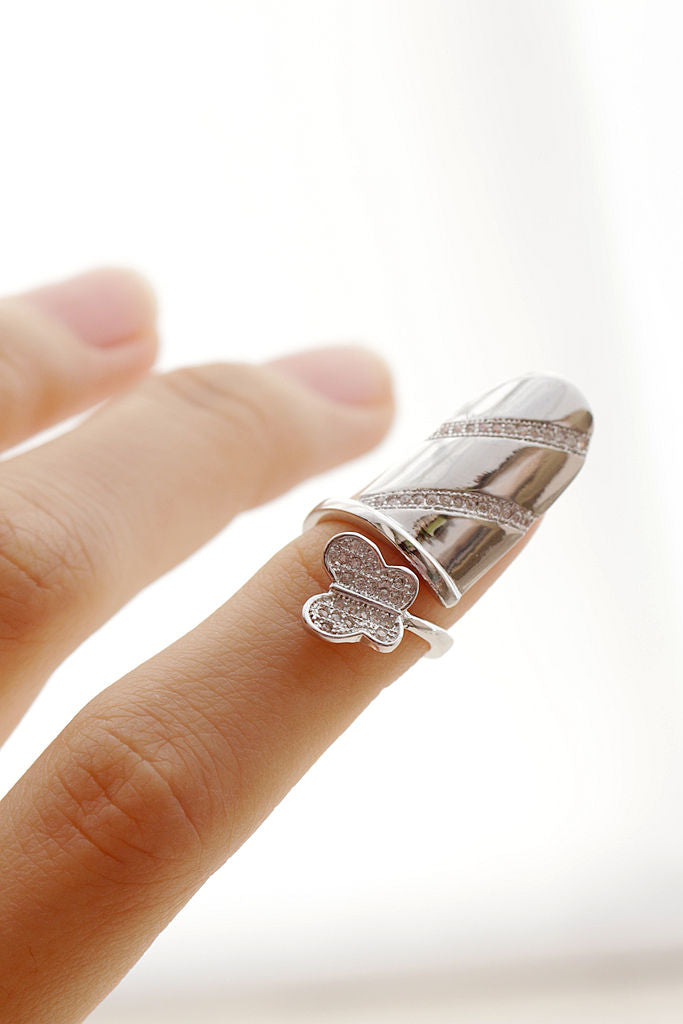 Authentic S925 Sterling Silver Nail Ring Sparkling CZ Butterfly Open Armour Ring Daily Wear Gift for Her