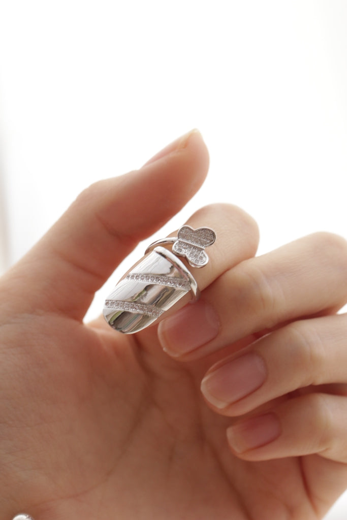 Authentic S925 Sterling Silver Nail Ring Sparkling CZ Butterfly Open Armour Ring Daily Wear Gift for Her