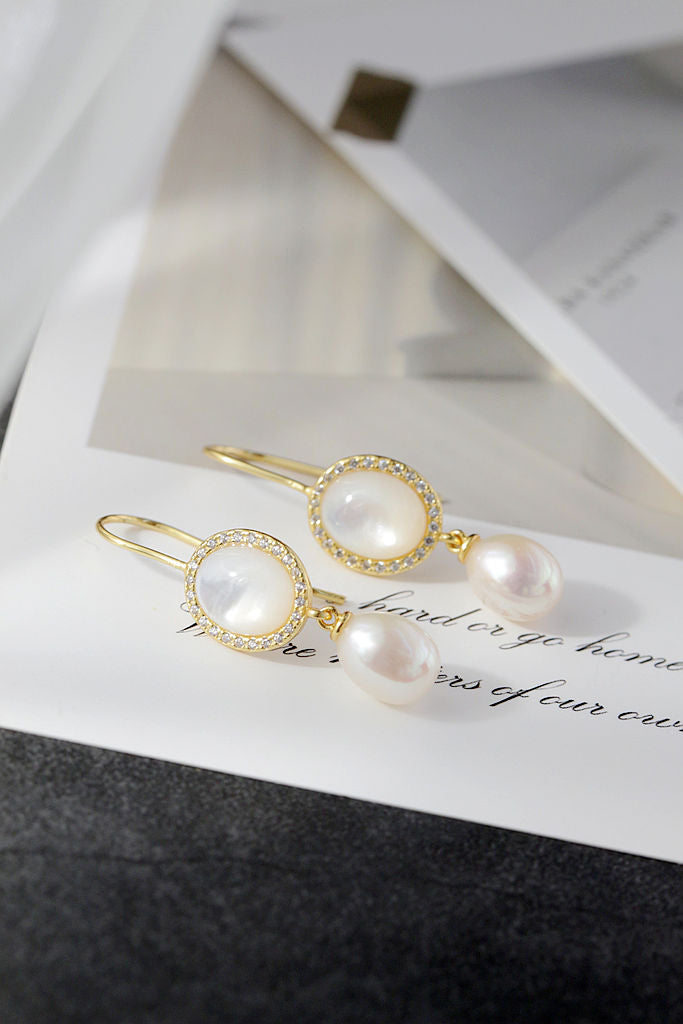 Inlaid Natural Freshwater Pearl 925 Sterling Silver Earring Simple Versatile 18K Gold Plated White Shell Inlay Earring Jewelry